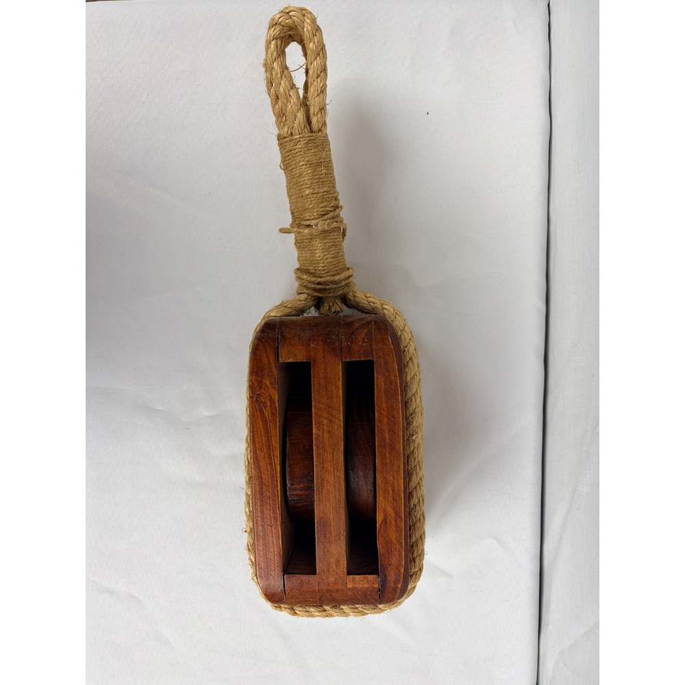 Vintage Wooden Double Pulley Block Nautical Decor Jute Rope Maritime Accent - Picture 4 of 6